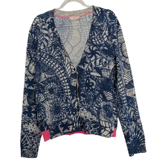 Tory Burch Cardigan Womens Size Medium Blue Baltic Sea Dream Catcher V Neck - Picture 1 of 10